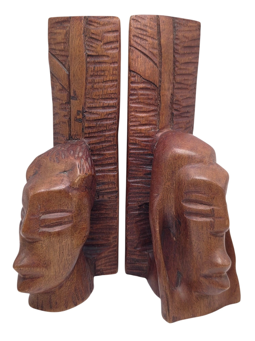 VTG Hand Carved Wooden African Tribal Ethical Bust Head Art Bookends 8¾" Tall